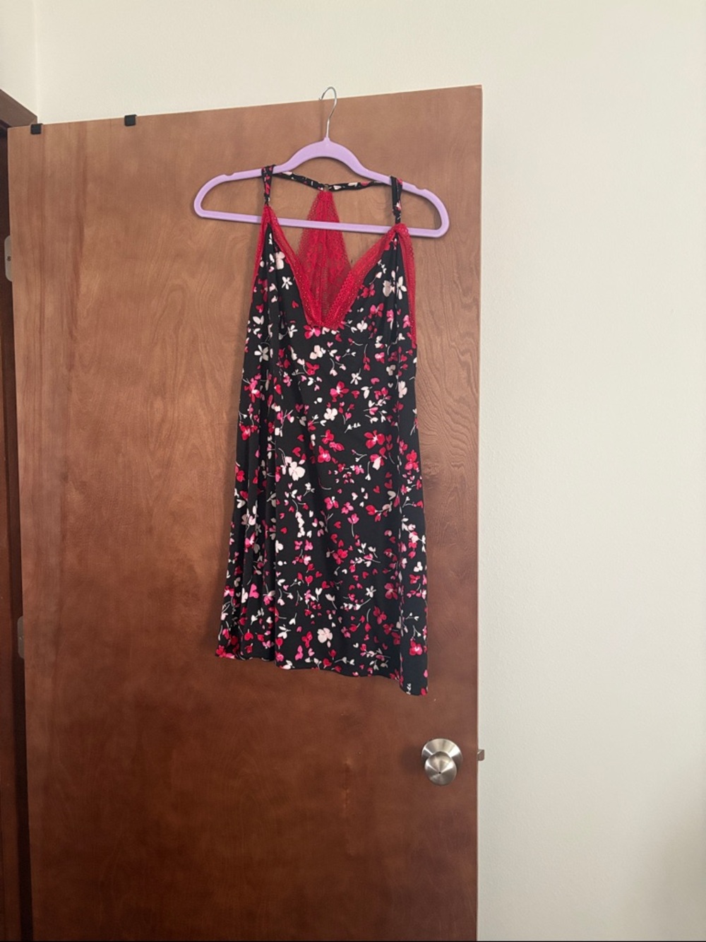 Black Floral Slip Dress with Red Lace Trim